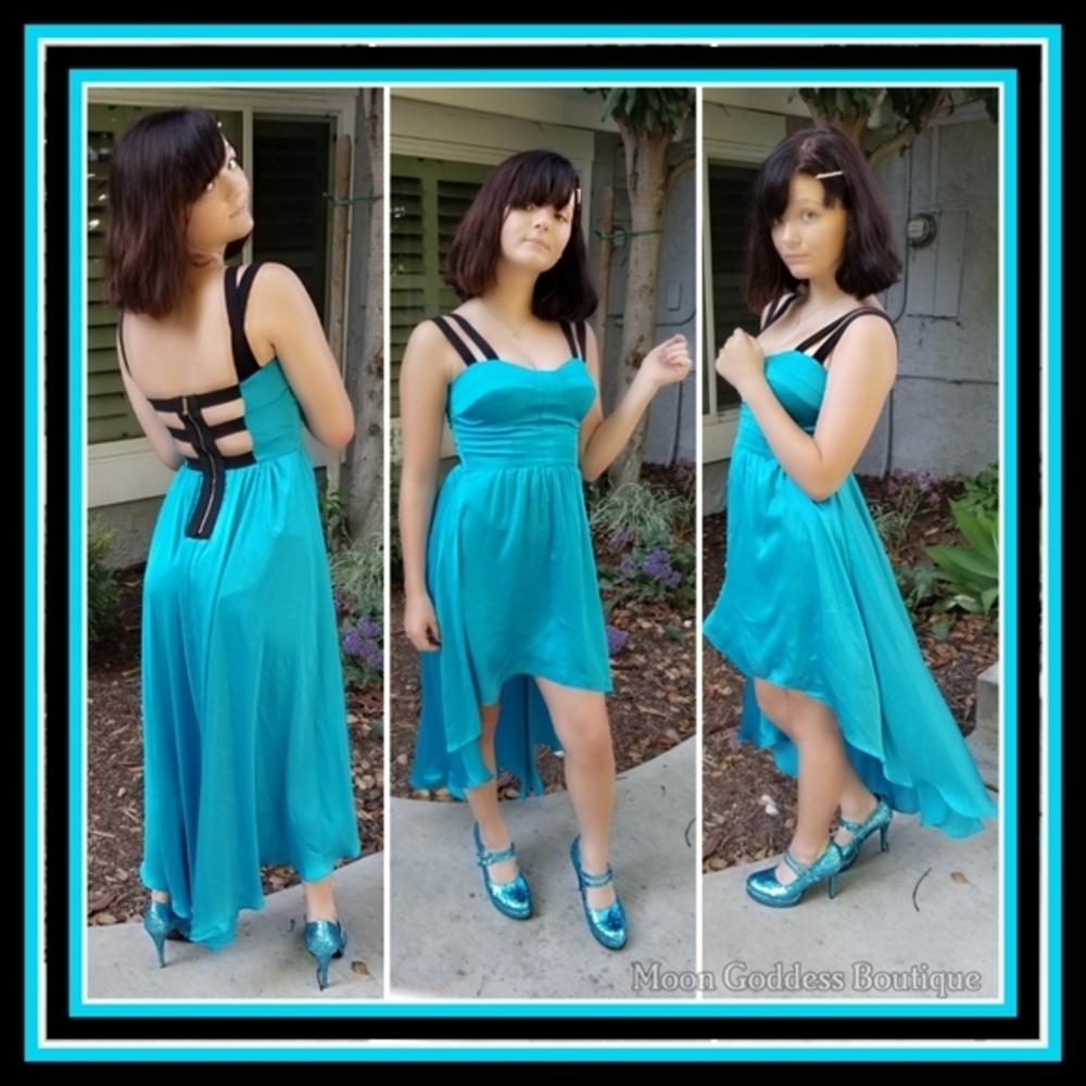 GUESS ✦ High‑Low Party Dress ✦ Silky Blue Black Strappy Open Back Lined Y2K 2 - Picture 4 of 11